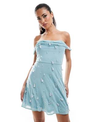 Asos Design Twisted Bardot Mini Dress With Droplet Embellishment In Pale Blue