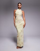 ASOS DESIGN mesh one shoulder exposed seams maxi dress with full hem in blurred lilac floral print