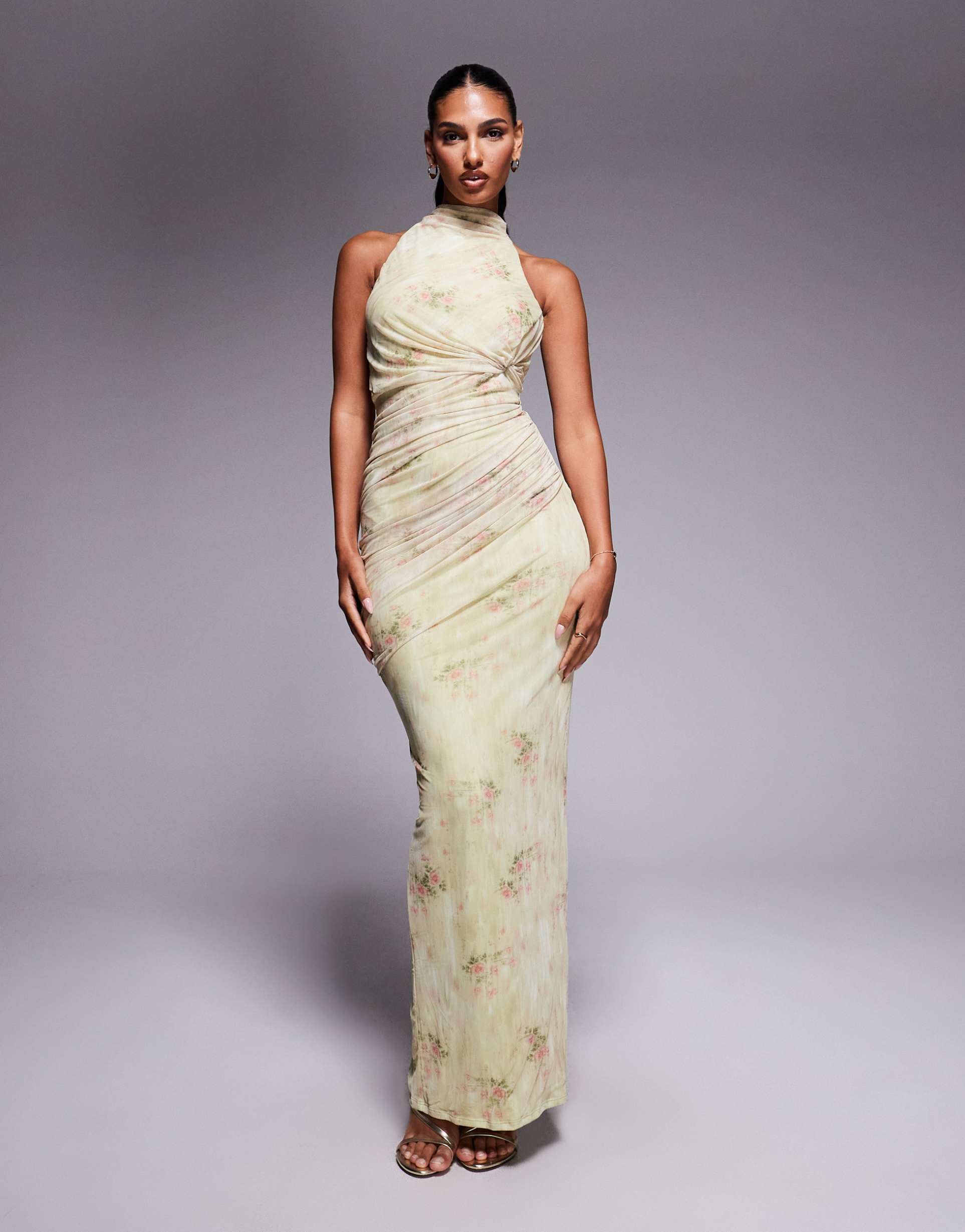 asos design twisted bust detail halter maxi dress with tie back neck in floral print