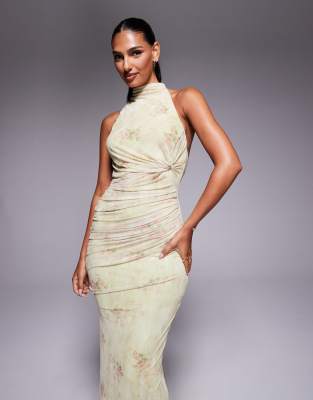 Asos Design Twisted Bust Detail Halter Maxi Dress With Tie Back Neck In Multi
