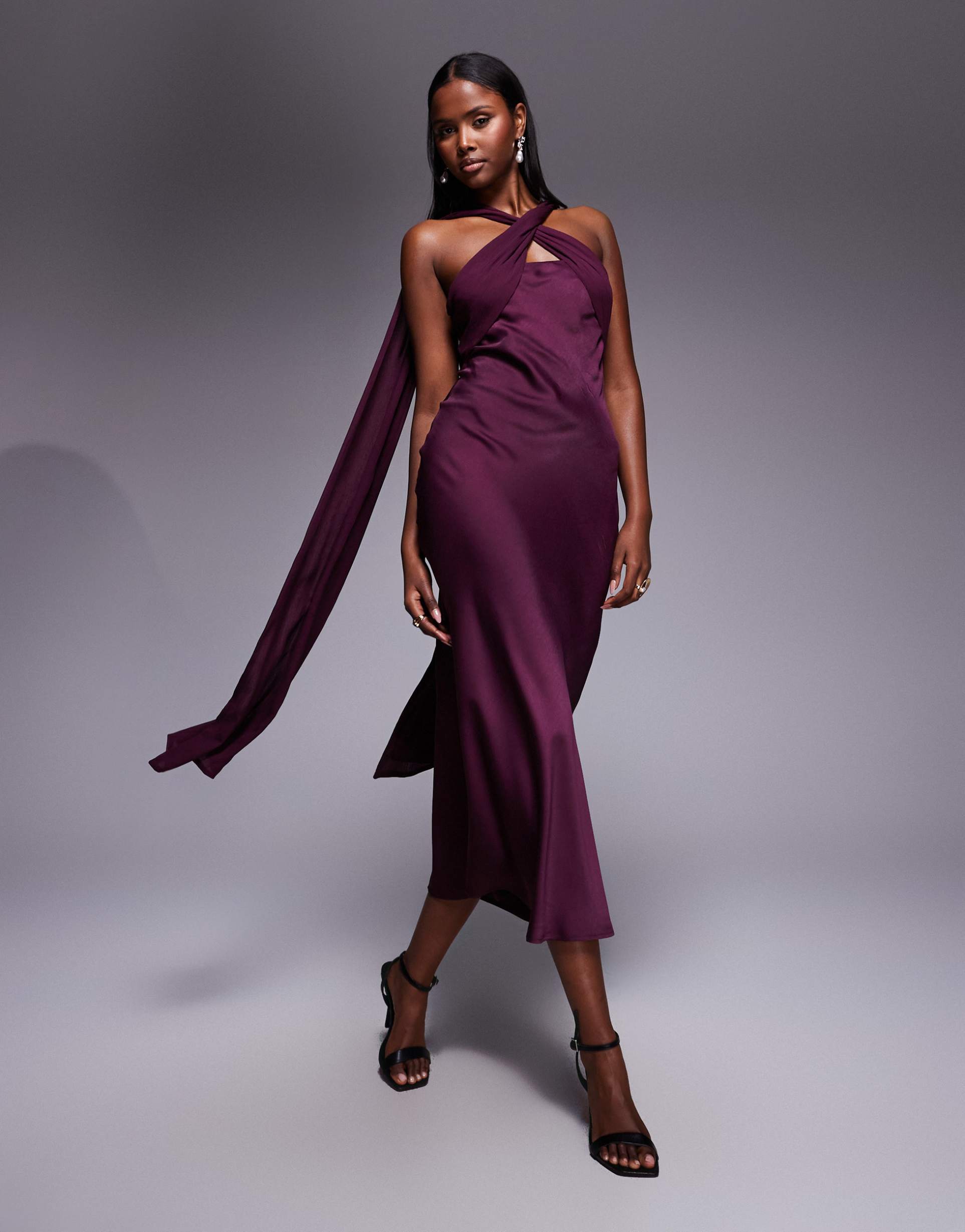 asos design twisted detail satin chiffon maxi dress with scarf in plum