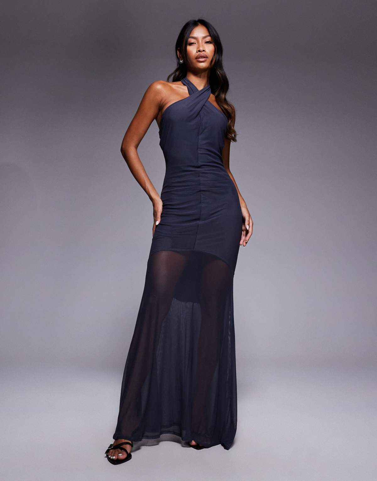 ASOS DESIGN twisted halter maxi dress with sheer skirt