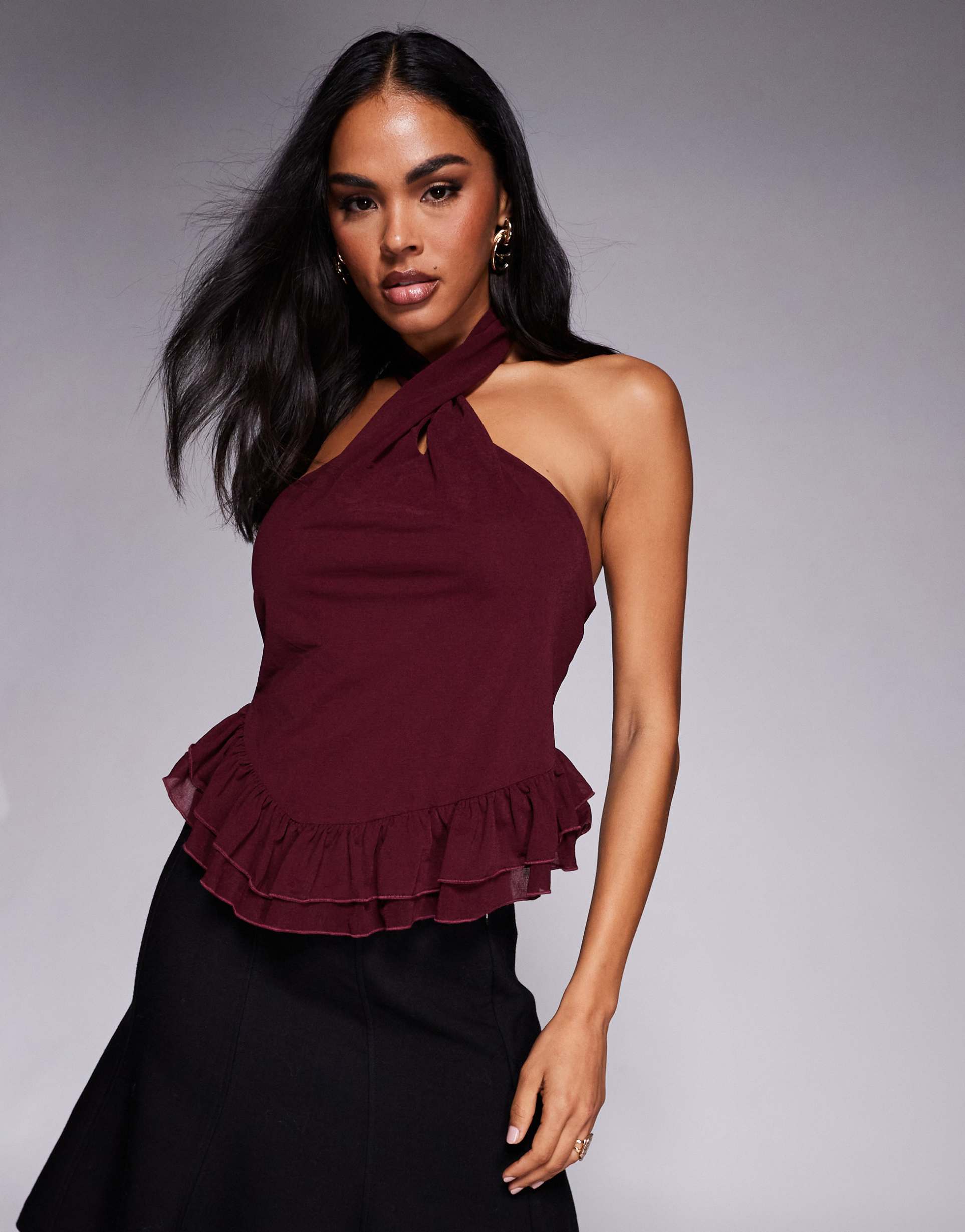 asos design twisted halter neck ruffle top in burgundy