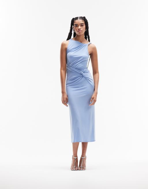 ASOS DESIGN twisted high neck mesh midi dress in pale blue ASOS
