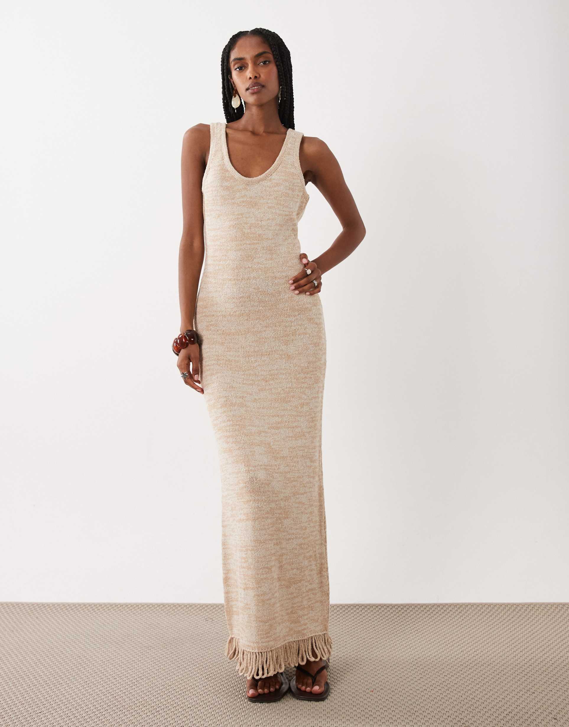 asos design twisted knit maxi fringe dress