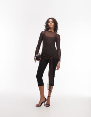 ASOS DESIGN twisted long sleeve mesh top in chocolate