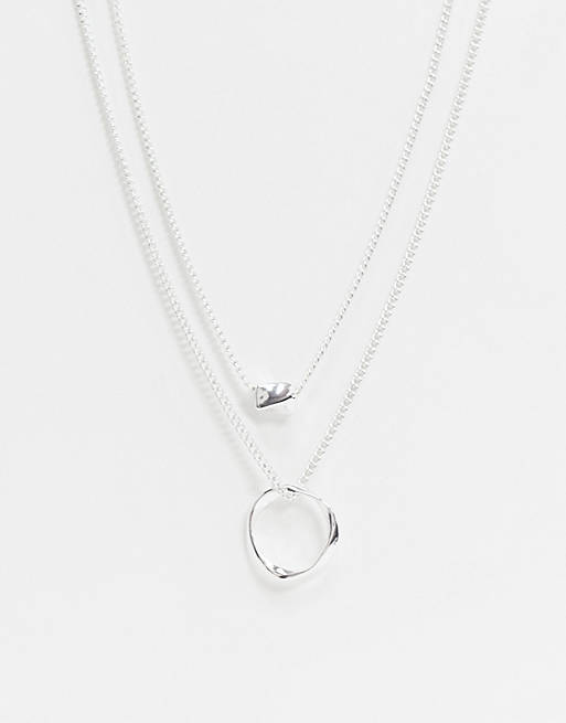 ASOS DESIGN Twisted Nugget Bead And Hoop Multirow Necklace in Silver tone