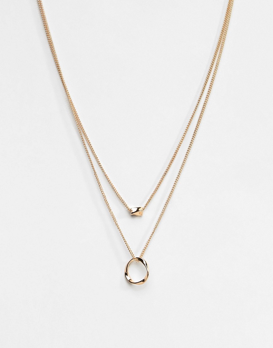 ASOS DESIGN Twisted Nugget Bead And Hoop Multirow Necklace-Gold