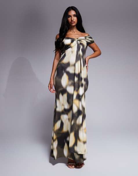 ASOS DESIGN twisted off shoulder knot detail midi dress in oversized blurred floral print - view 1