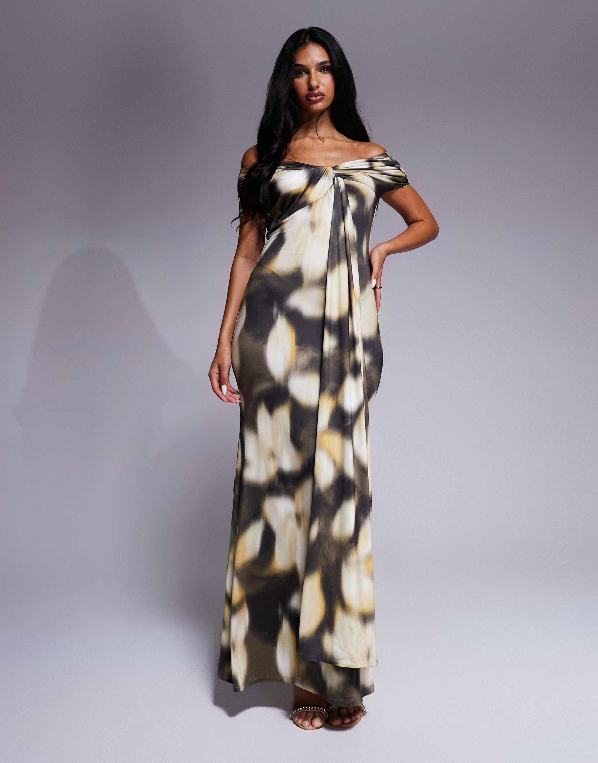 asos design twisted off shoulder knot detail midi dress in oversized blurred floral print