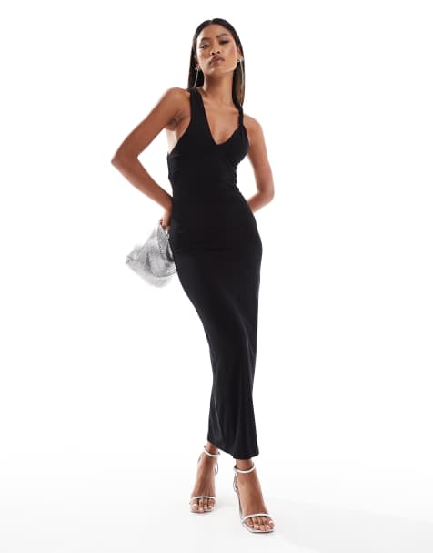 ASOS DESIGN twisted off shoulder midi dress with cross over neck strap detailing in black - view 1