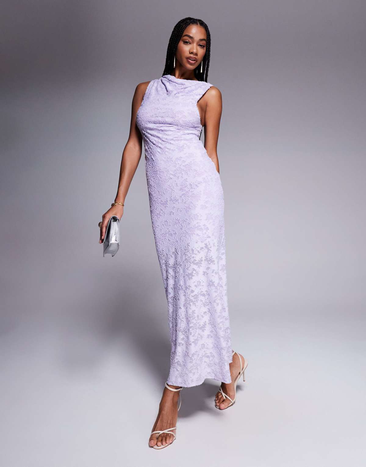 ASOS DESIGN twisted shoulder devore maxi dress in lilac
