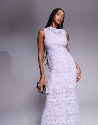 Asos Design Twisted Shoulder Devore Maxi Dress In Purple