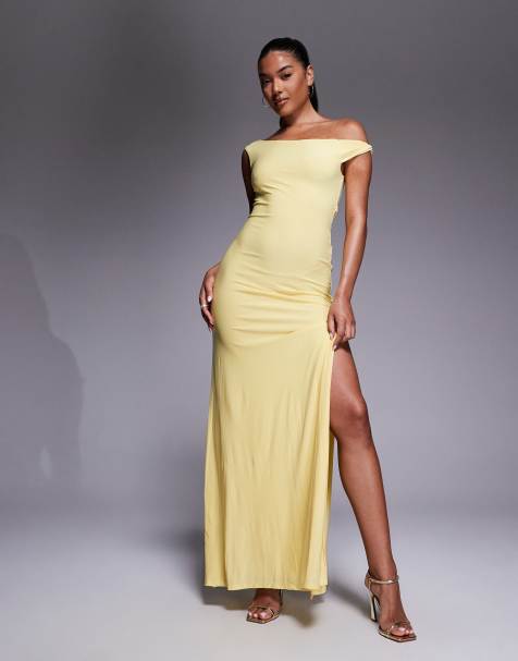 ASOS DESIGN twisted shoulder maxi dress with lace up back in yellow - view 1