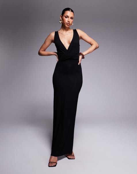 ASOS DESIGN twisted waist plunge maxi dress in black - view 1