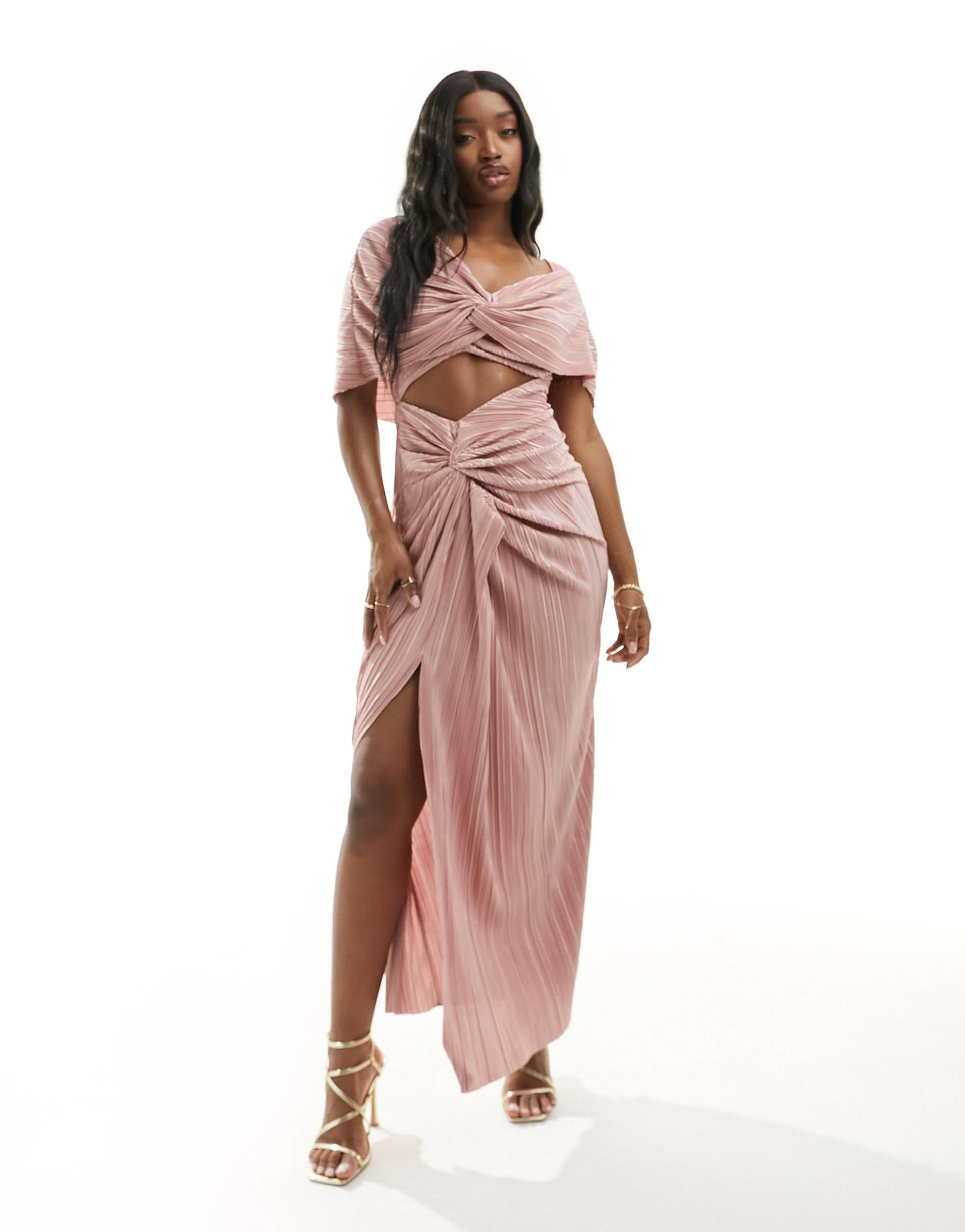 asos design two in one fallen shoulder plisse maxi dress in blush