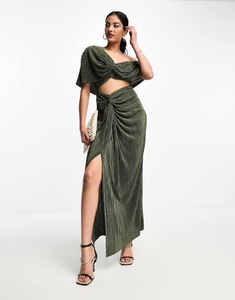 ASOS EDITION knitted wrap blouson sleeve wrap maxi dress in khaki