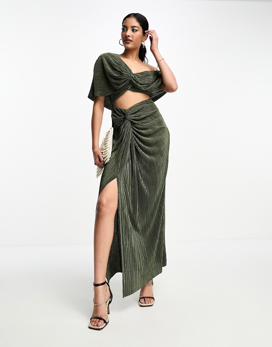 ASOS DESIGN two in one fallen shoulder plisse maxi dress in khaki-Green