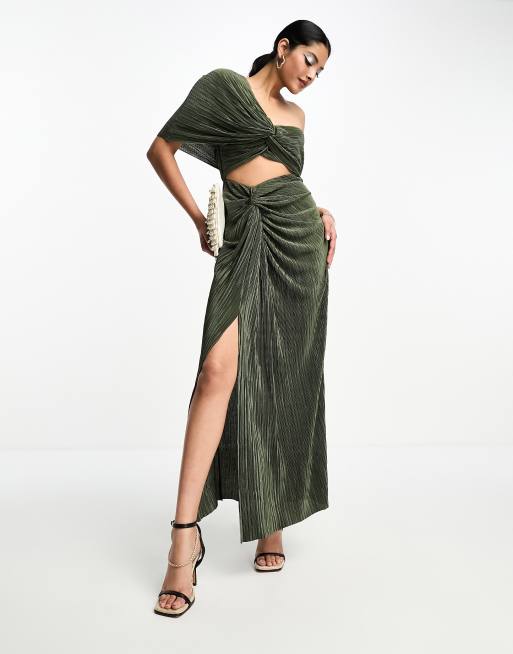 ASOS DESIGN two in one fallen shoulder plisse maxi dress in khaki ASOS