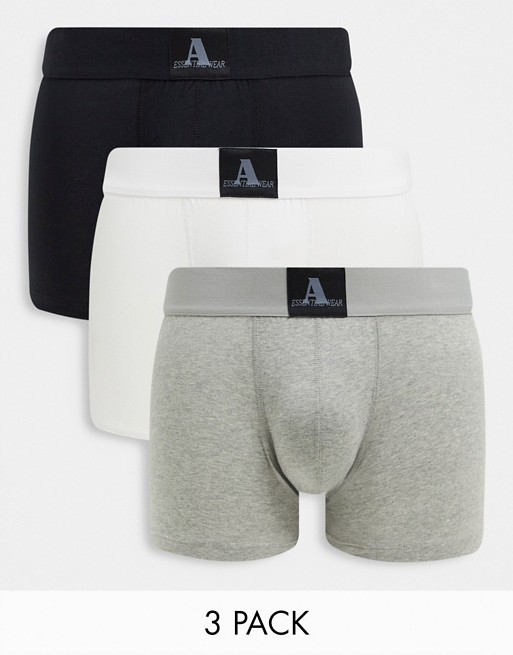 ASOS DESIGN Two Mile 3 pack trunks in black grey and white
