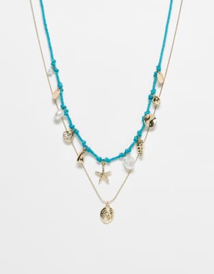 Asos Design Two-pack Blue Cord And Gold Tone Chain With Sea-life Charms - Part Of A Set