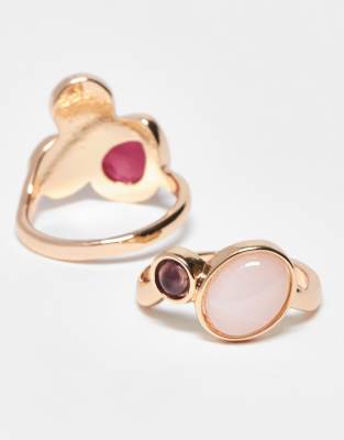 Asos Design Two Pack Rings With Cluster Of Crystals And Faux Semi Precious Stones In Multi