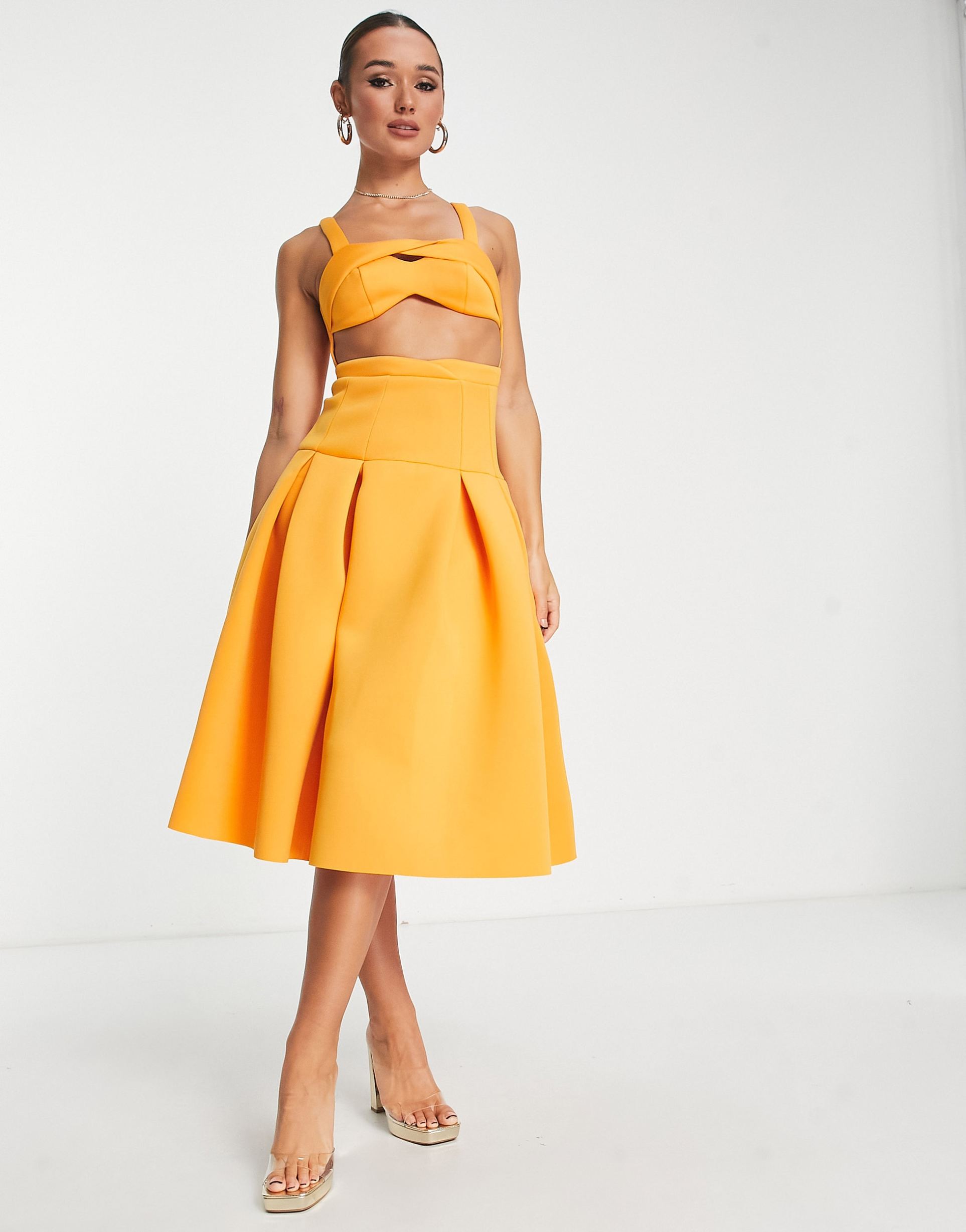 asos design two piece dropped waist pleat midi prom dress in marigold