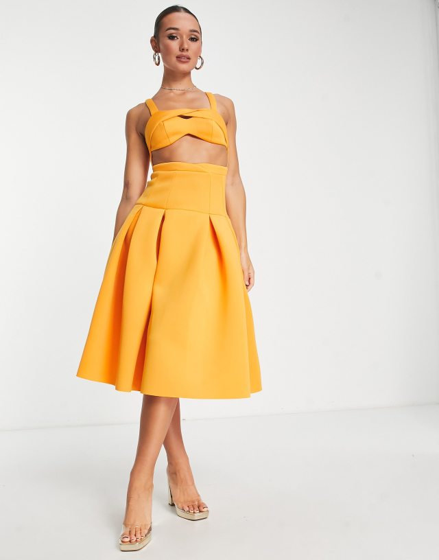 ASOS DESIGN two piece dropped waist pleat midi prom dress in marigold