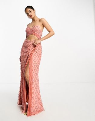 ASOS DESIGN two piece embellished sequin maxi dress in coral - ASOS Price Checker