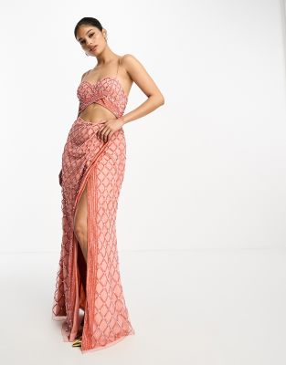 ASOS DESIGN two piece embellished sequin maxi dress in coral-Orange