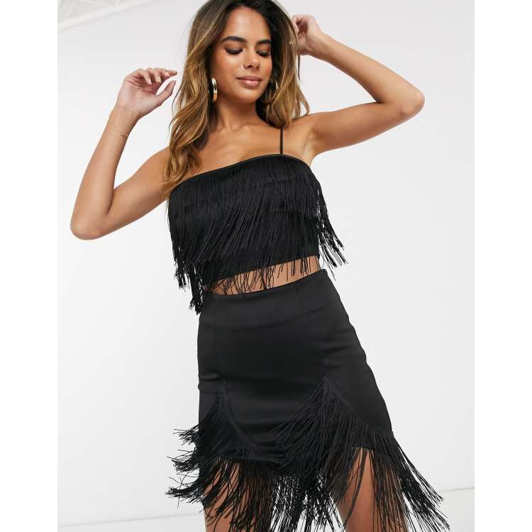 Amalee Two Piece Set - Fringe Strapless Crop Top and Midi Skirt