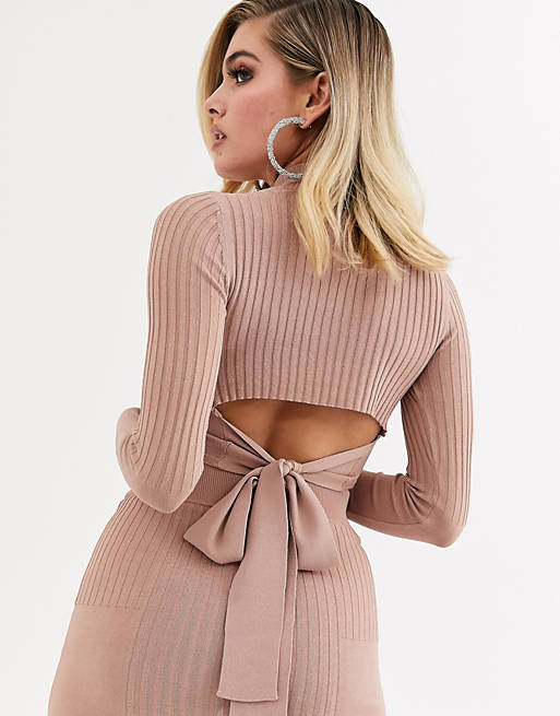 ASOS DESIGN two-piece in structured rib with high neck and cut out back