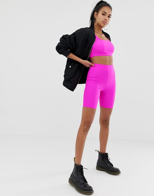 ASOS DESIGN bralette top and legging shorts two piece in neon pink