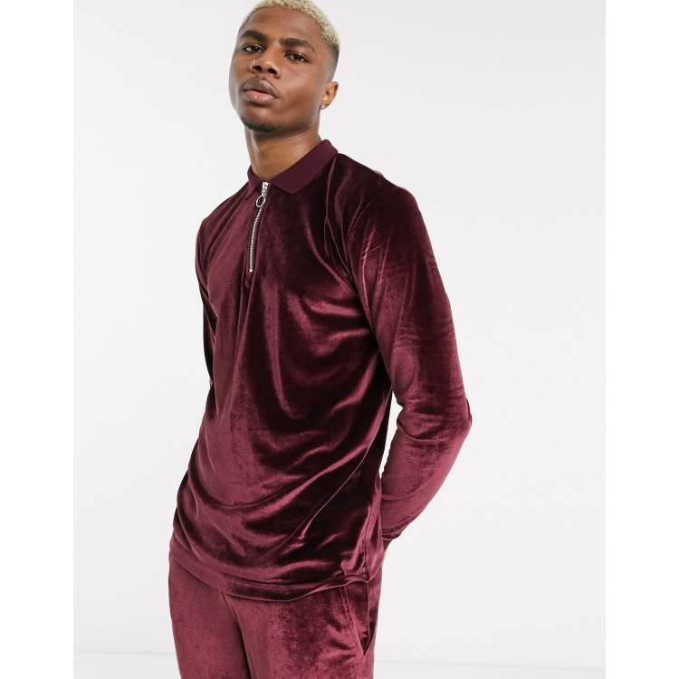 ASOS DESIGN two-piece long sleeve polo shirt with zip neck in velour in  burgundy