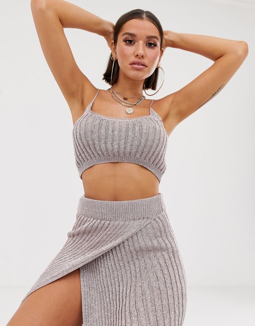 ASOS DESIGN knitted two-piece mesh tank in gold