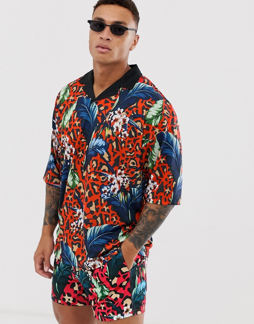 ASOS DESIGN two-piece oversized revere polo with floral and leopard print-Multi