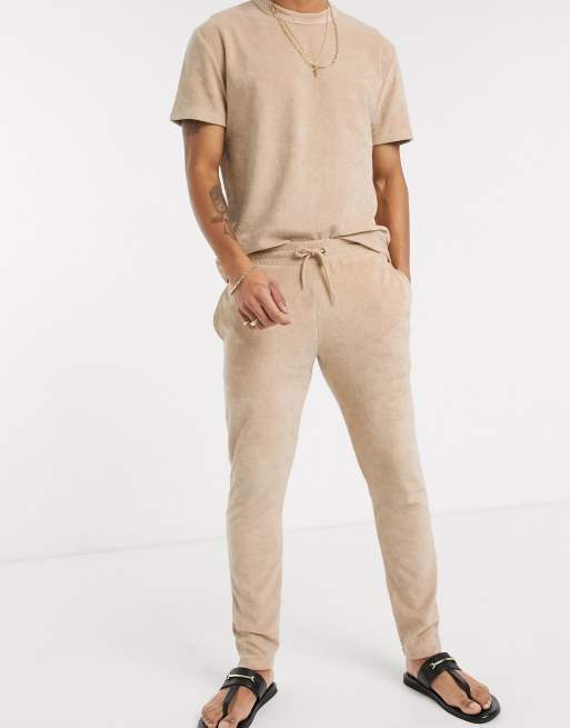 ASOS DESIGN two-piece relaxed t-shirt in towelling in beige