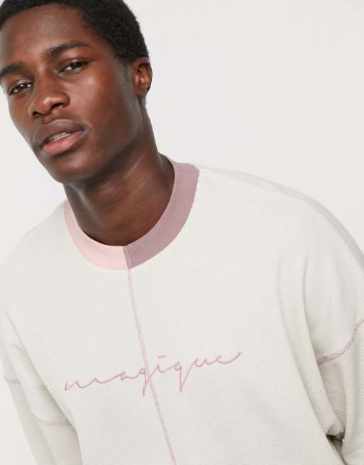 ASOS DESIGN two piece oversized t shirt with contrast stitch and magique embroidery in waffle