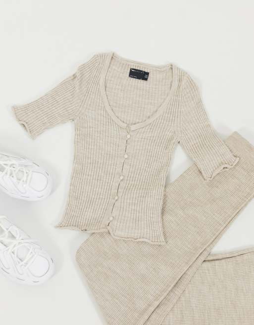 Asos Design Two Piece Rib Cardigan With Short Sleeve In Oatmeal Asos