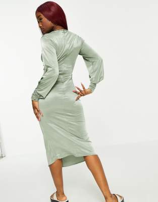 ASOS DESIGN two piece ruched satin midi dress in sage green