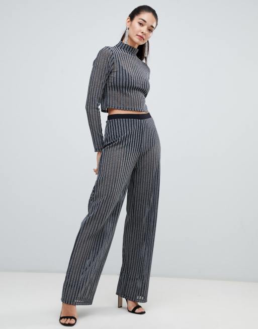 ASOS DESIGN two-piece silver glitter stripe straight leg pants