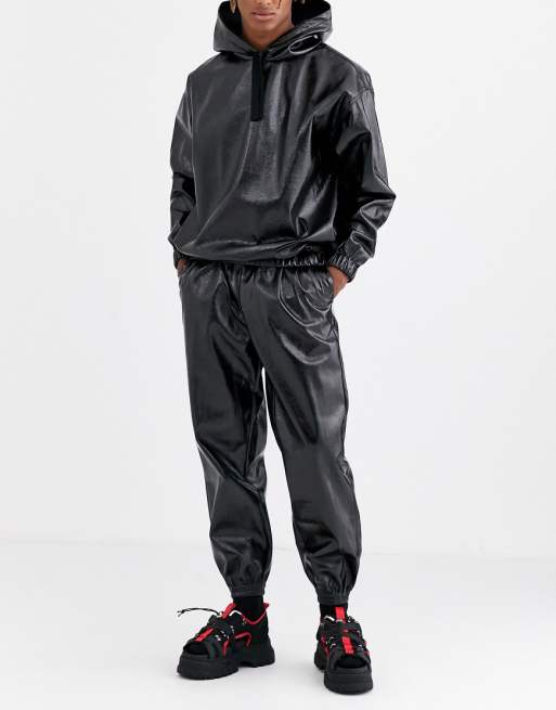 ASOS DESIGN two-piece tapered sweatpants in leather look fabric in black | ASOS