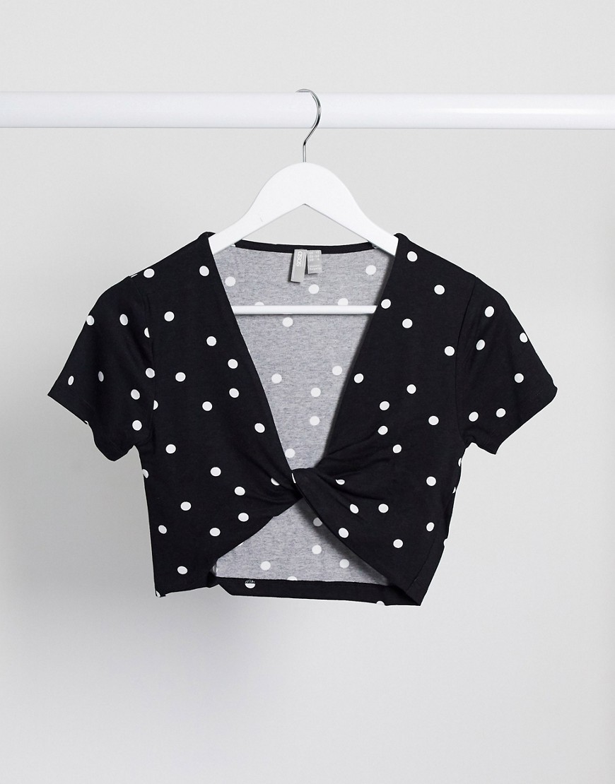 ASOS DESIGN two-piece top with twist front in polka dot-Black
