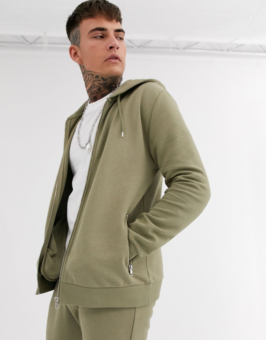 ASOS DESIGN two-piece zip through hoodie in khaki with biker panels-Green