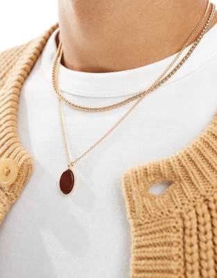 Asos Design Two Row Necklace With Red Semi-precious Oval Pendant In Gold Tone