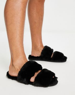 ASOS DESIGN two strap faux fur slippers in black - ASOS Price Checker