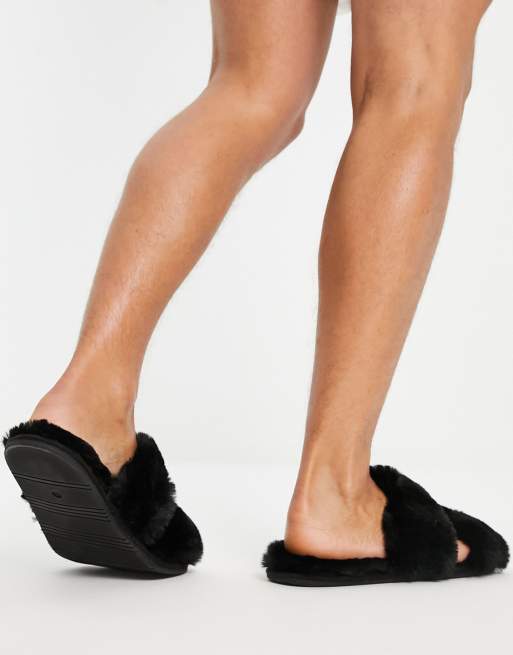 ASOS DESIGN two strap faux fur slippers in black ASOS