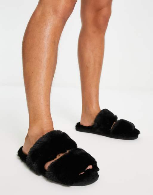 ASOS DESIGN two strap faux fur slippers in black ASOS