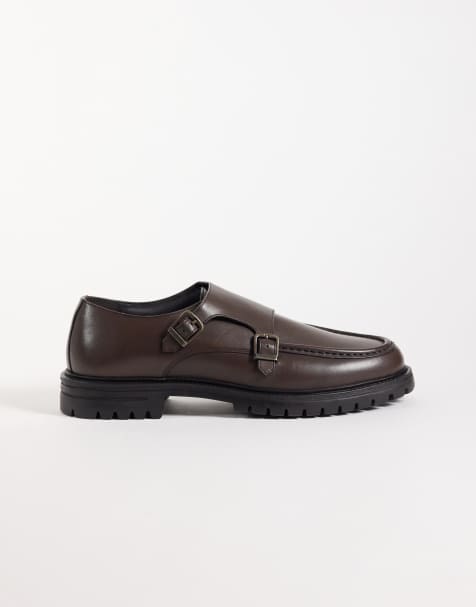 ASOS DESIGN two strap monk shoes with cleated sole in brown leather - view 1