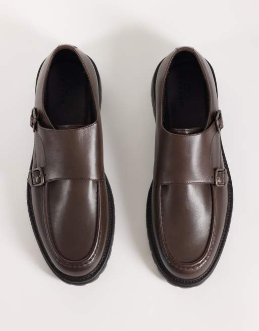 ASOS DESIGN two strap monk shoes with cleated sole in brown leather, 2 of 4